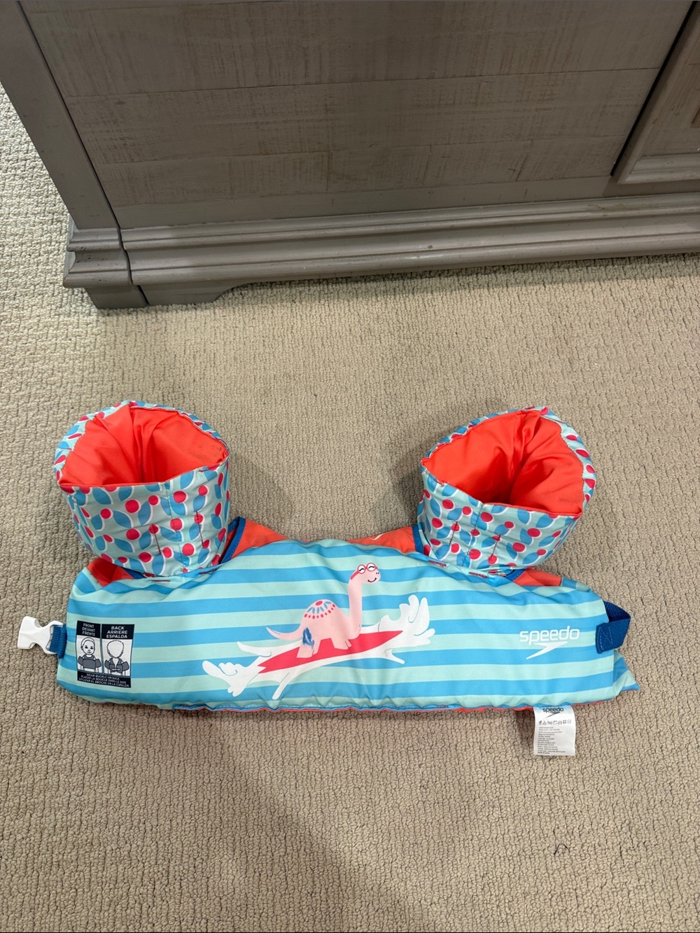 Speedo Kids Blue & Coral Striped Inflatable Swim Vest with Dinosaur